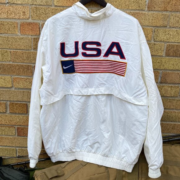 Vintage 90s Nike White Tab USA Track and Field Windbreaker Jacket White Nylon - Picture 1 of 12